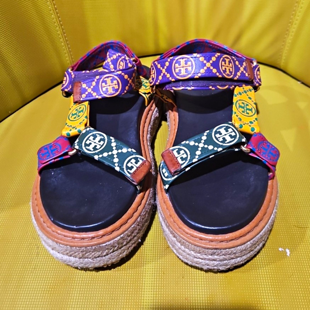 Tory Burch Logo Platform Espadrille Ankle Strap Leather Sandals 7.5